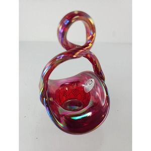 FENTON 2001 Red Carnival Glass Miniature Basket- Looped Handle, Diamond Pattern